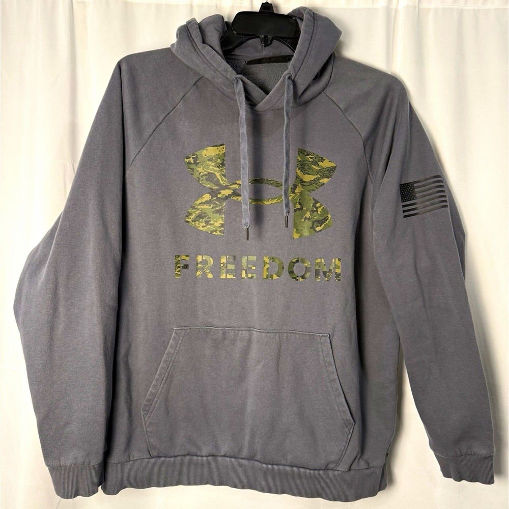 Under Armour Freedom Graphic Fleece Pullover Hoodie Gray Mens XL Loose 1370805